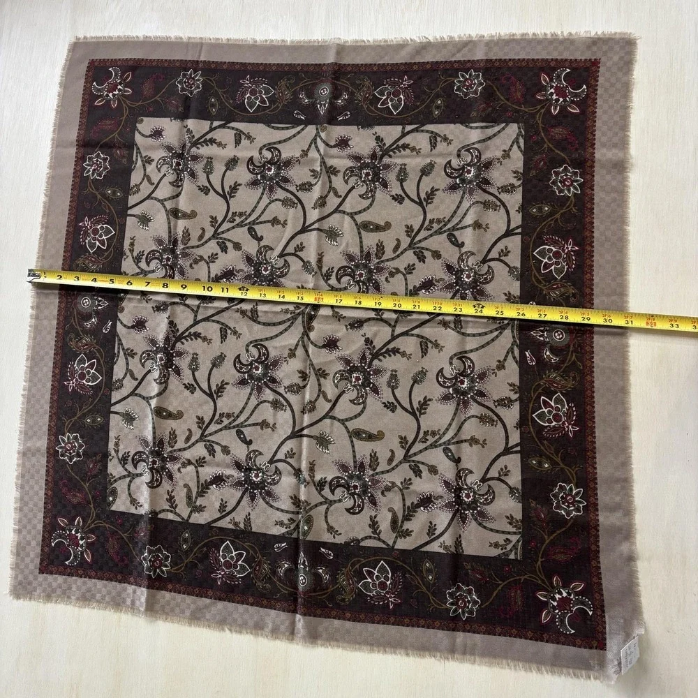 Vintage Floral Square Scarf Womens One Size Brown Fringe Polyester Made In Italy